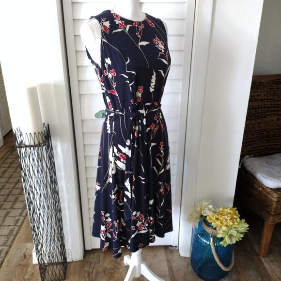 CHARTER Club Petite navy red & white print sleeveless tie belt pullover dress S - Picture 4 of 6